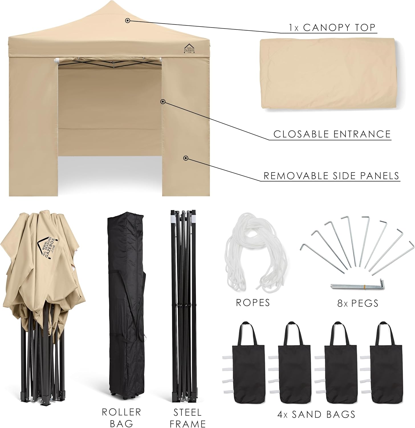 AllSeasonsGazebos Pavillon Ultra-résistant à Ouverture instantanée de 3m x 3m avec 4 Poids léger Panneaux latéraux + Sac de Transport sur Roues et 4 Sacs de Poids pour Les Pieds (Beige 2)