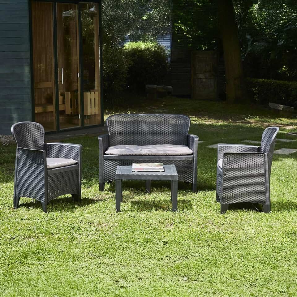 jardinite - Ostuni salon de jardin - 2 fauteuils, canapé, table basse, coussins, effet rotin, anthracite