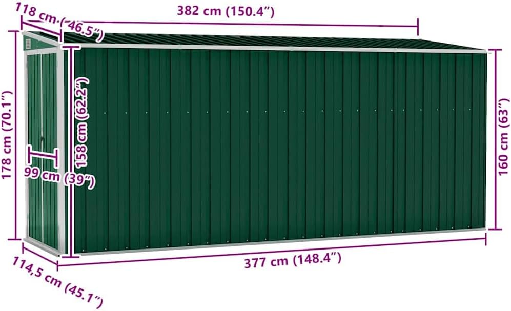 jardinite Abri de Jardin Mural Vert 118x382x178 cm Acier galvanisé,Structures extérieures, Cabanes & abris de Jardin,316229