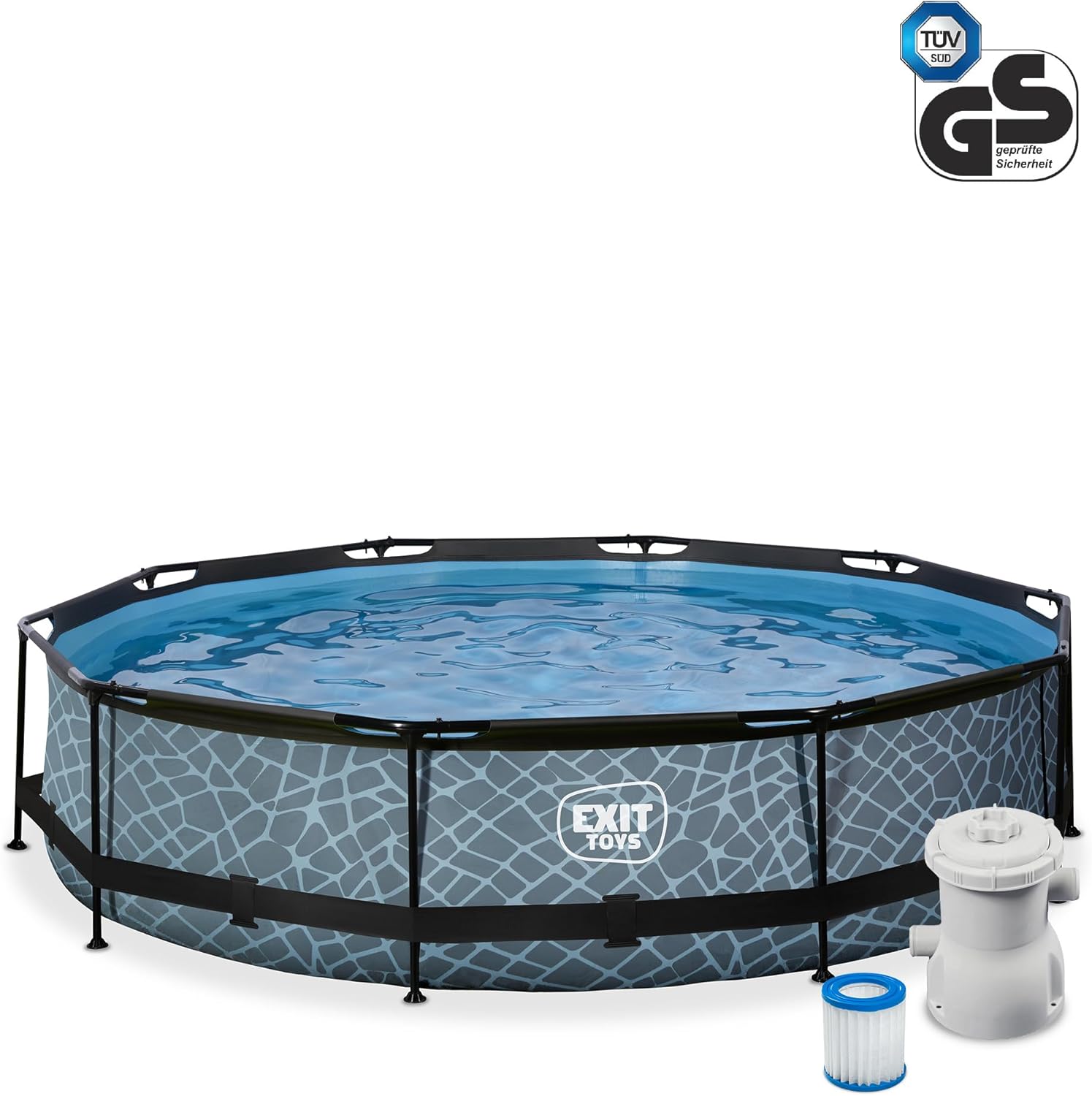 jardinite Piscine Tubulaire Stone - ø360x76cm - Piscine Hors Sol Ronde Grande avec Pompe Filtrante à Cartouche - Entrée Basse - Idéal pour Les Jeunes Enfants - Cadre Stable - Design Unique - Gris