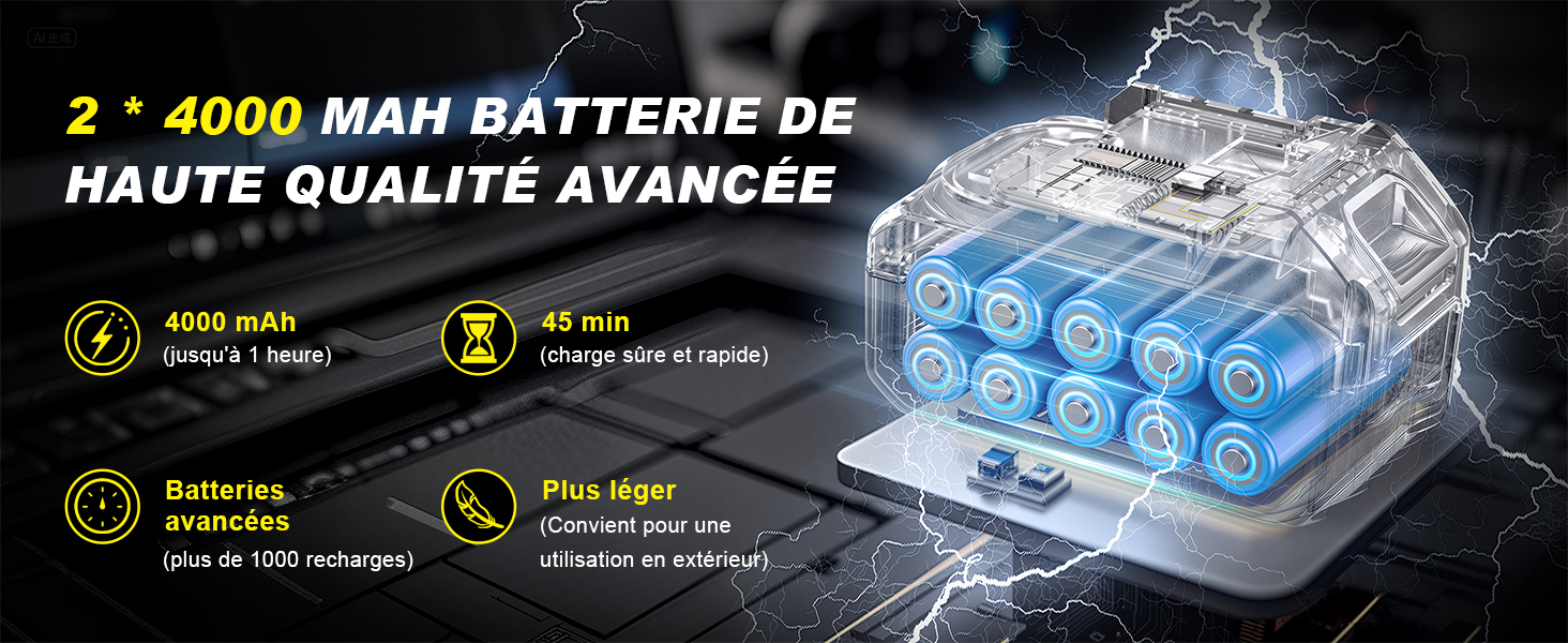 Le texte indique « HAUTE QUALITÉ AVANCÉE ». Illustration technique du produit montrant la batterie et les composants de charge avec indicateurs LED bleus.