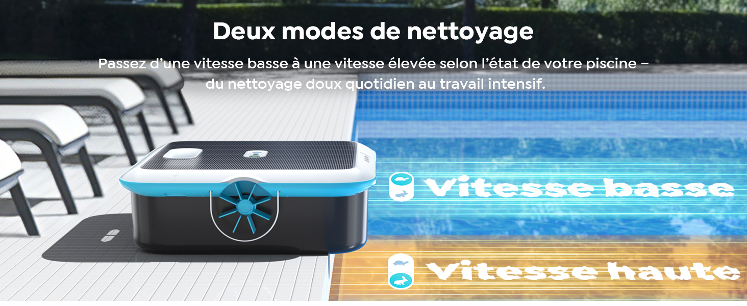 Le texte indique « Deux modes de nettoyage » (« Deux modes de nettoyage »). Montre le robot de nettoyage de piscine avec des réglages de vitesse élevée et basse indiqués par des graphiques bleus.