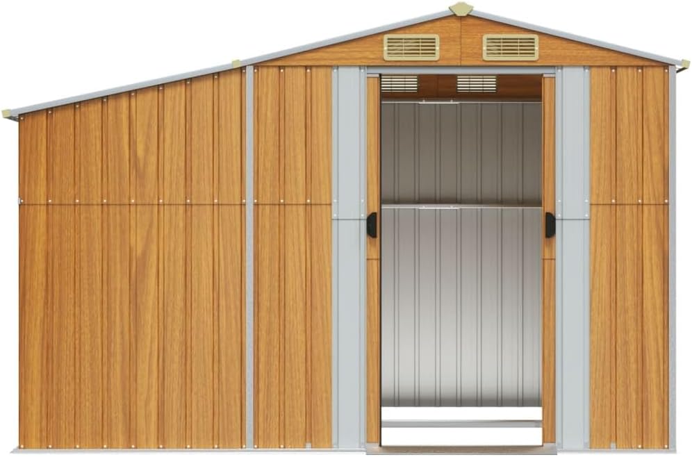 Abri de jardin marron clair 277 x 192,5 x 179 cm en acier galvanisé avec support pour bois de chauffage et 4 ouvertures d'aération pour outils de jardin et équipements