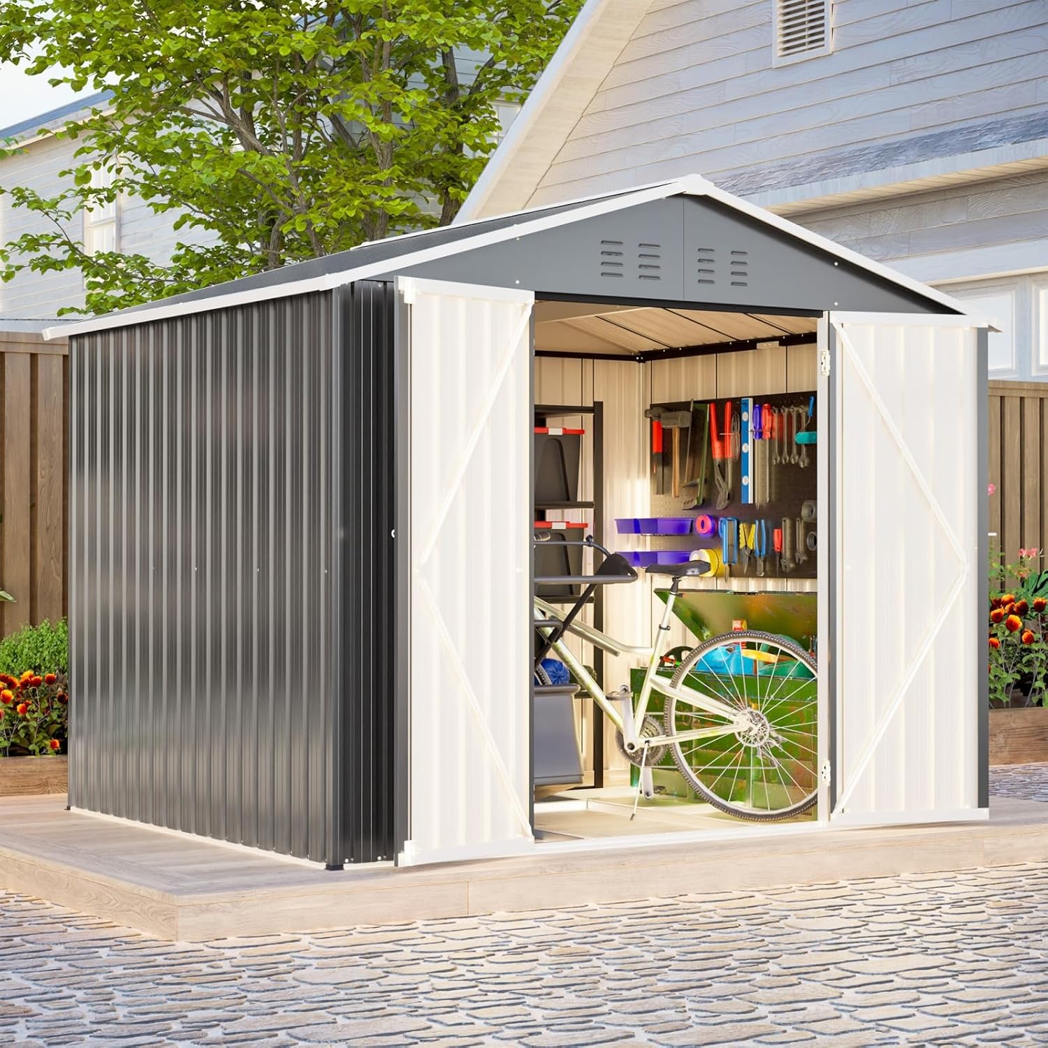 Abri de Jardin Métal Galvanisé avec Fondation, Cabane de Jardin Extérieur Résistant aux Intempéries, Cabanon de Rangement Spacieux, Toit Incliné Anti-Pluie, Marron (8x6 FT)