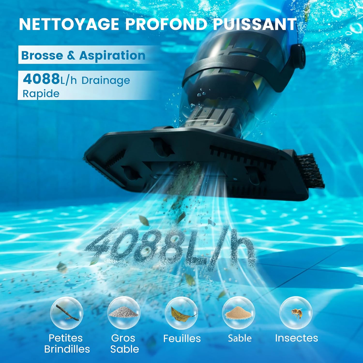 Aspirateur de piscine sans fil - 90min d’autonomie - 4088 L/h - idéal spas