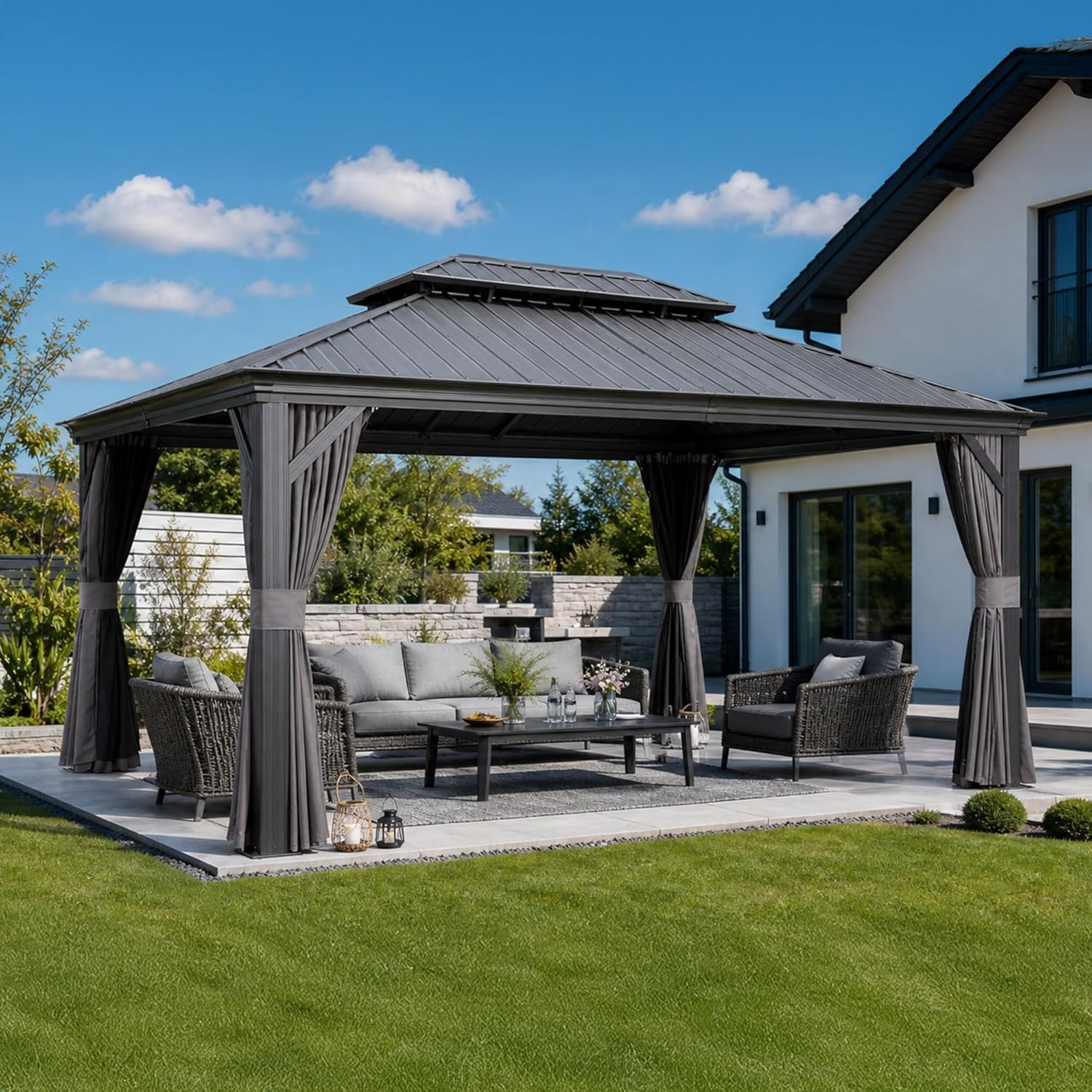 jardinite - Tonnelle série toit double - 4,85×3,65m - acier galvanisé, rideaux épais, gouttière