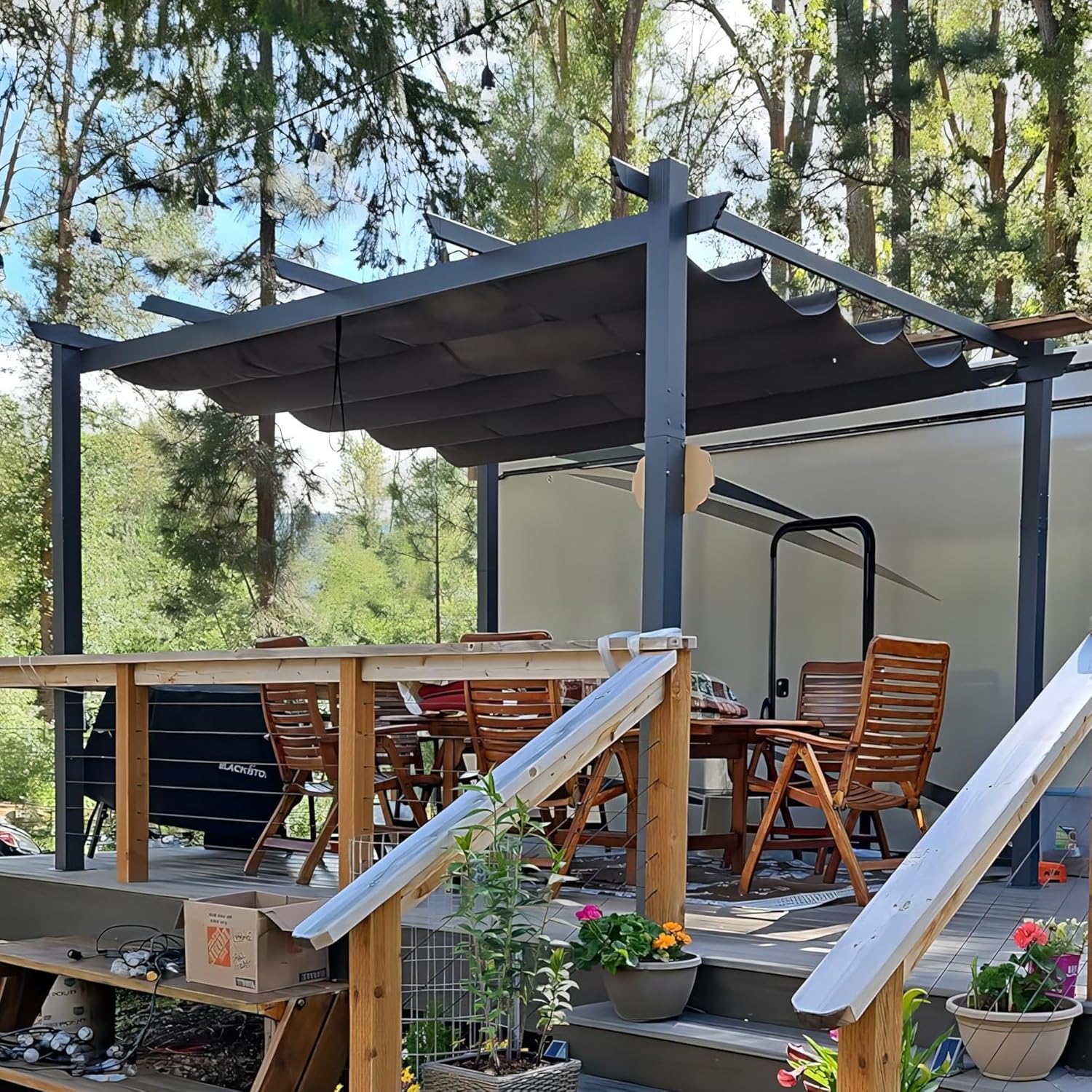 jardinite - pergola aluminium - 4x3m - toit coulissant, tissu teint
