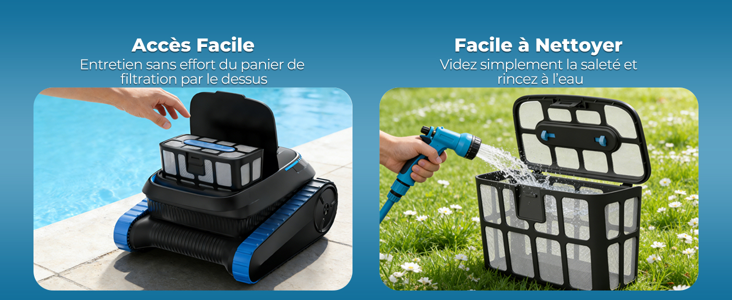 Le texte indique « Acaba Facile » et « Facile & Hetrayer ». Deux images du produit sont présentées : à gauche, un appareil noir sur une base blanche ; à droite, un organiseur noir en forme de panier avec des compartiments pour l'extérieur.