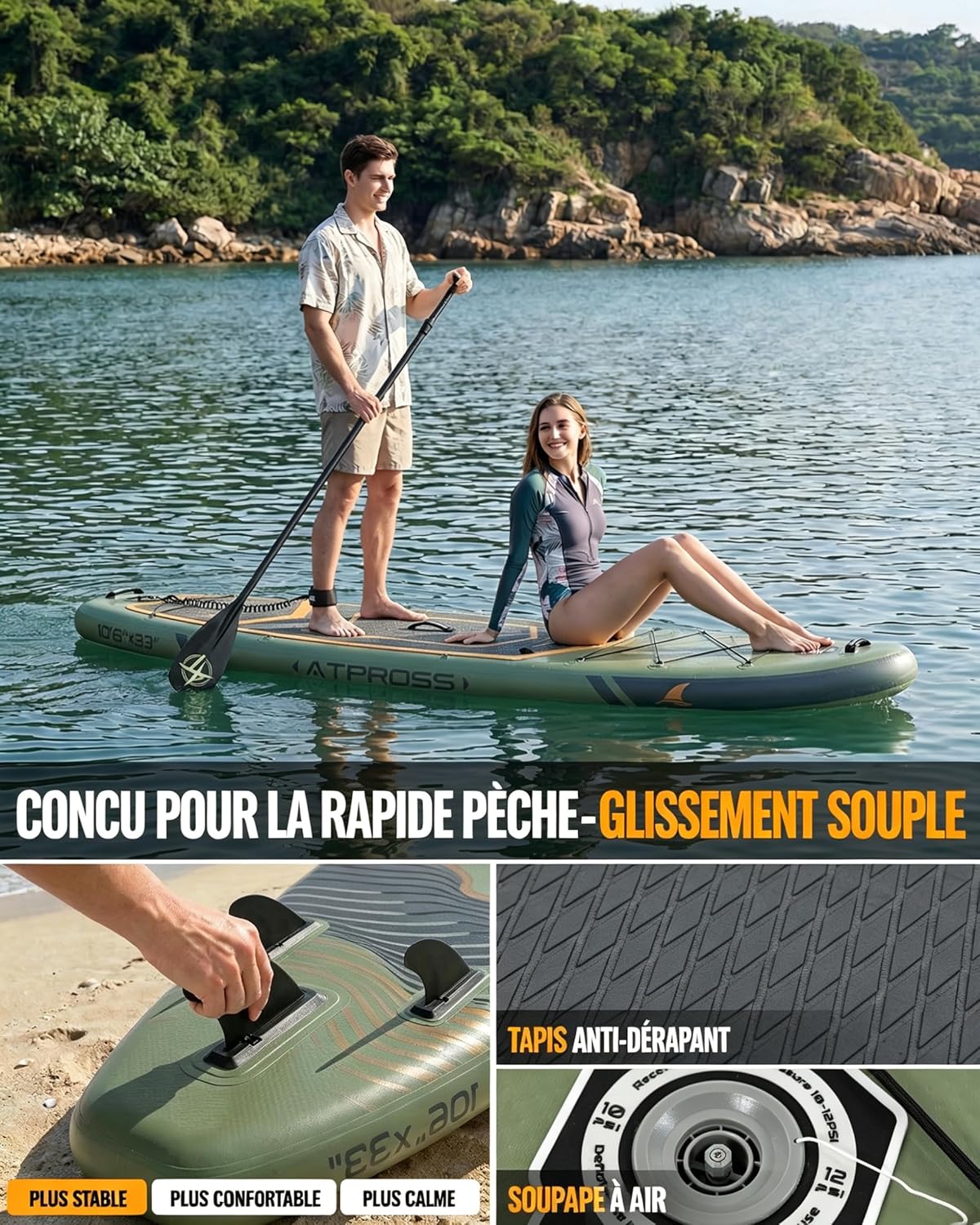 Stand Up Paddle Gonflable Adulte avec Siège Kayak & Accessoires, 320x84cm Planche de Sup Extra Large pour 2 Personnes, Charge 200kg, Kayak Gonflable 2 Places Stable et Antidérapant pour Surf