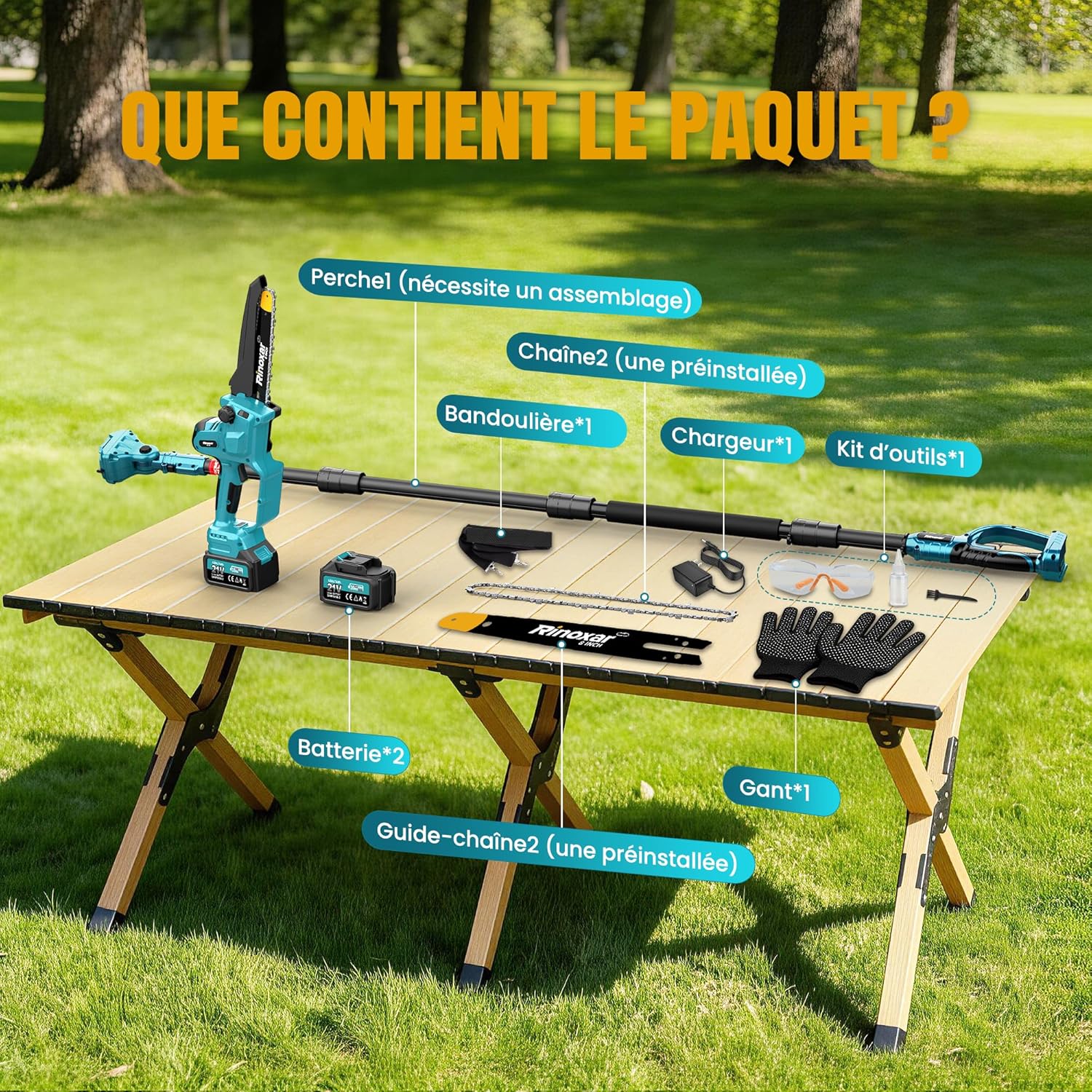 Élagueuse sur perche - 8 pouces - batterie 2x4000mAh, télescopique, lubrification auto