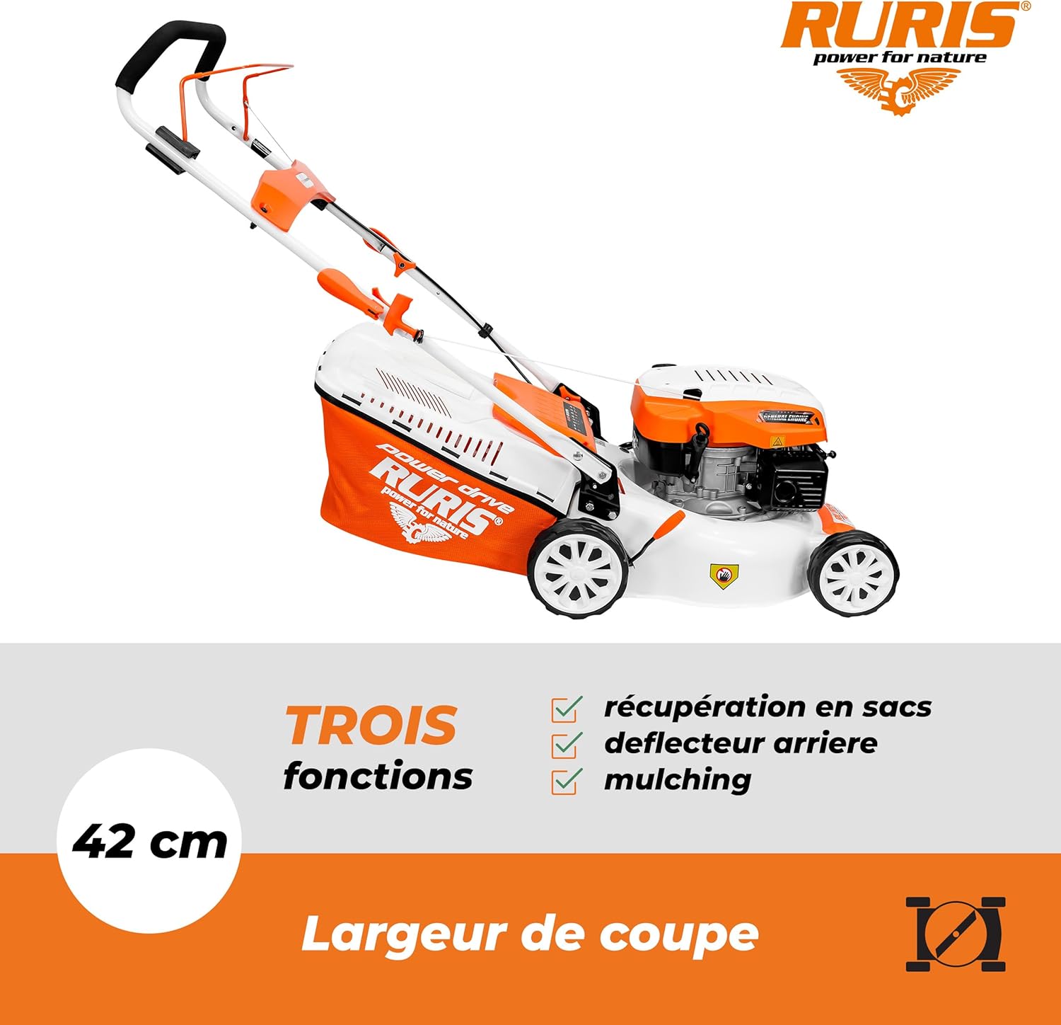 RURIS Tondeuse à Gazon Thermique RX221S, 3,5 CV, 42 cm, Sac 45L, 3 en 1: Collecte, Éjection Arrière, Mulching, Châssis Acier, Hauteur de Coupe 25-75 mm, Orange
