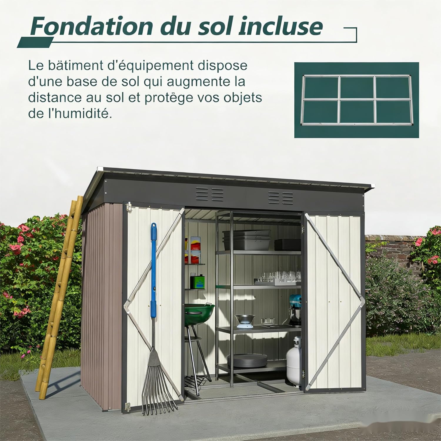 Abri de jardin métal compact 229x111x182cm, verrouillable, fondation