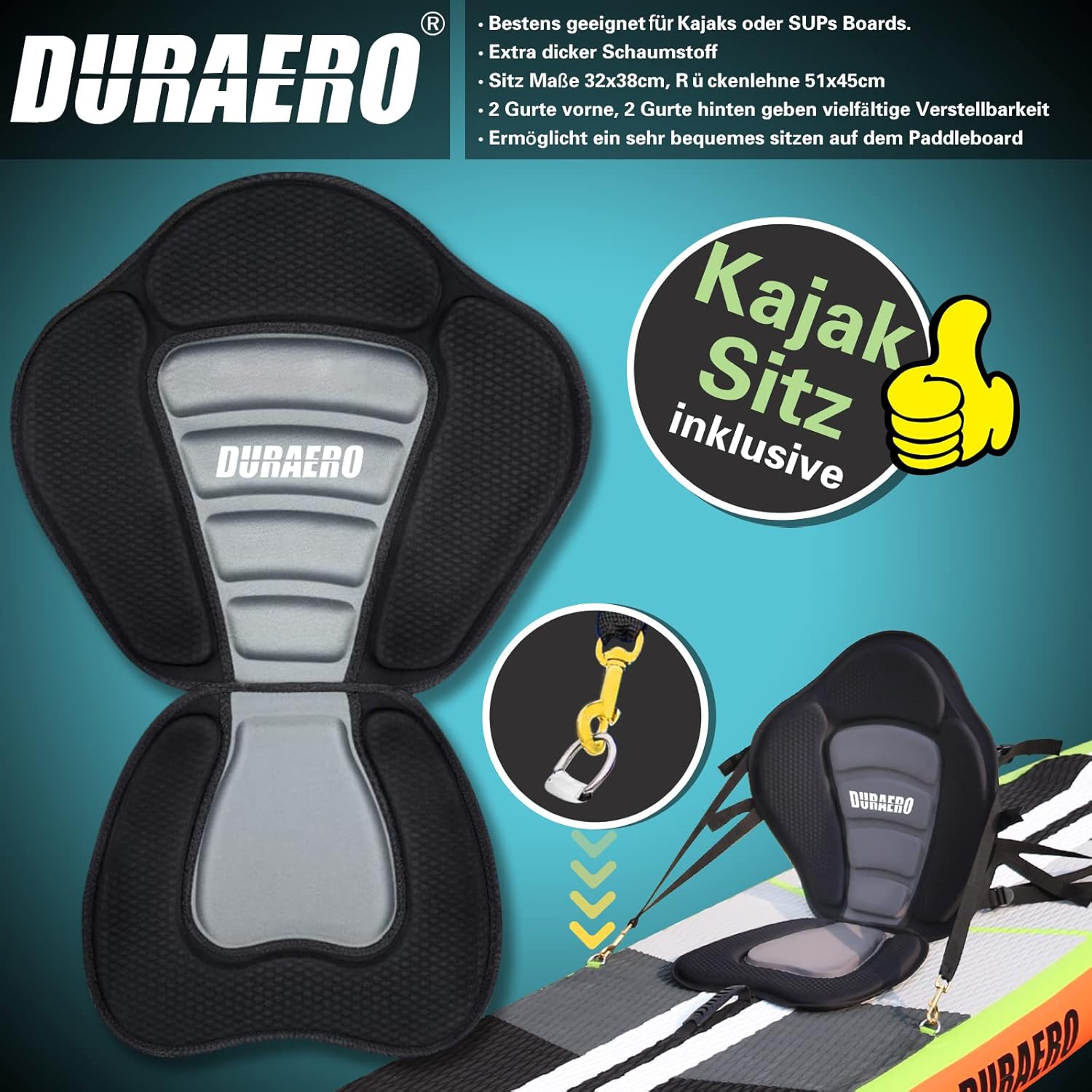Siège de Kayak Gonflable Stand Up Paddle et Support de caméra, pagaie 2 en 1 330x76x15cm, Pompe jusqu'à 150kg avec Sangle de Pied, Sac à Dos