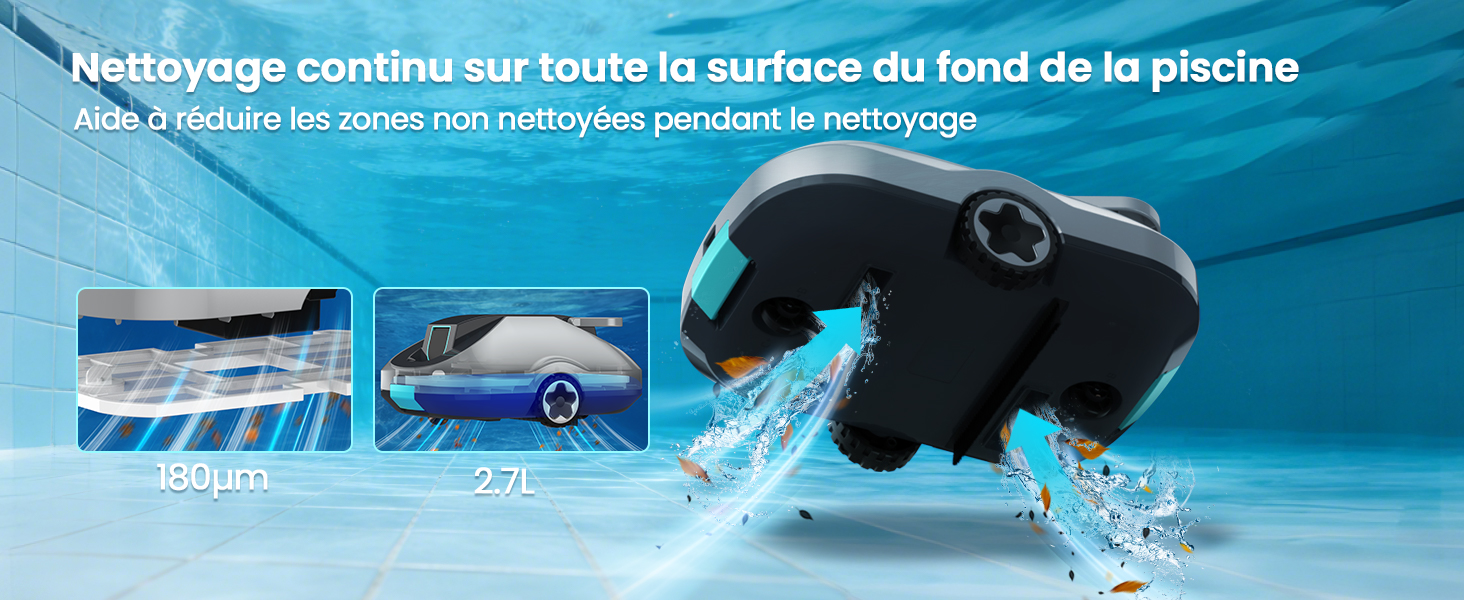 Le texte se lit comme suit : « Nettoyage continu sur toute la surface du fond de la piscine ». Séquence montrant un robot nettoyeur de piscine se déplaçant sur le fond bleu de la piscine.