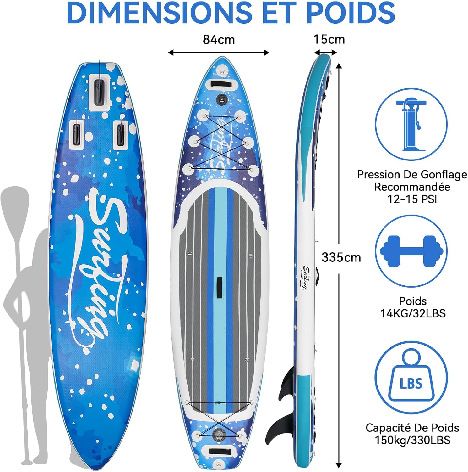 jardinite - Paddle gonflable 320/335cm - 2 personnes, siège kayak, jusqu'à 150kg