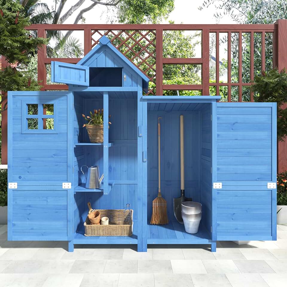 jardinite - abri de jardin bois 118x54x173cm, 2 portes, toit PVC, bleu