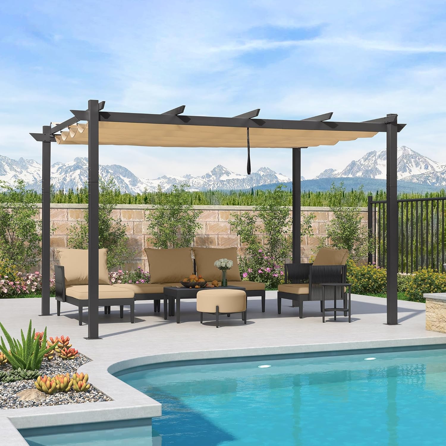 jardinite - Pergola Kaki - 4x3m aluminium, toit rétractable, imperméable