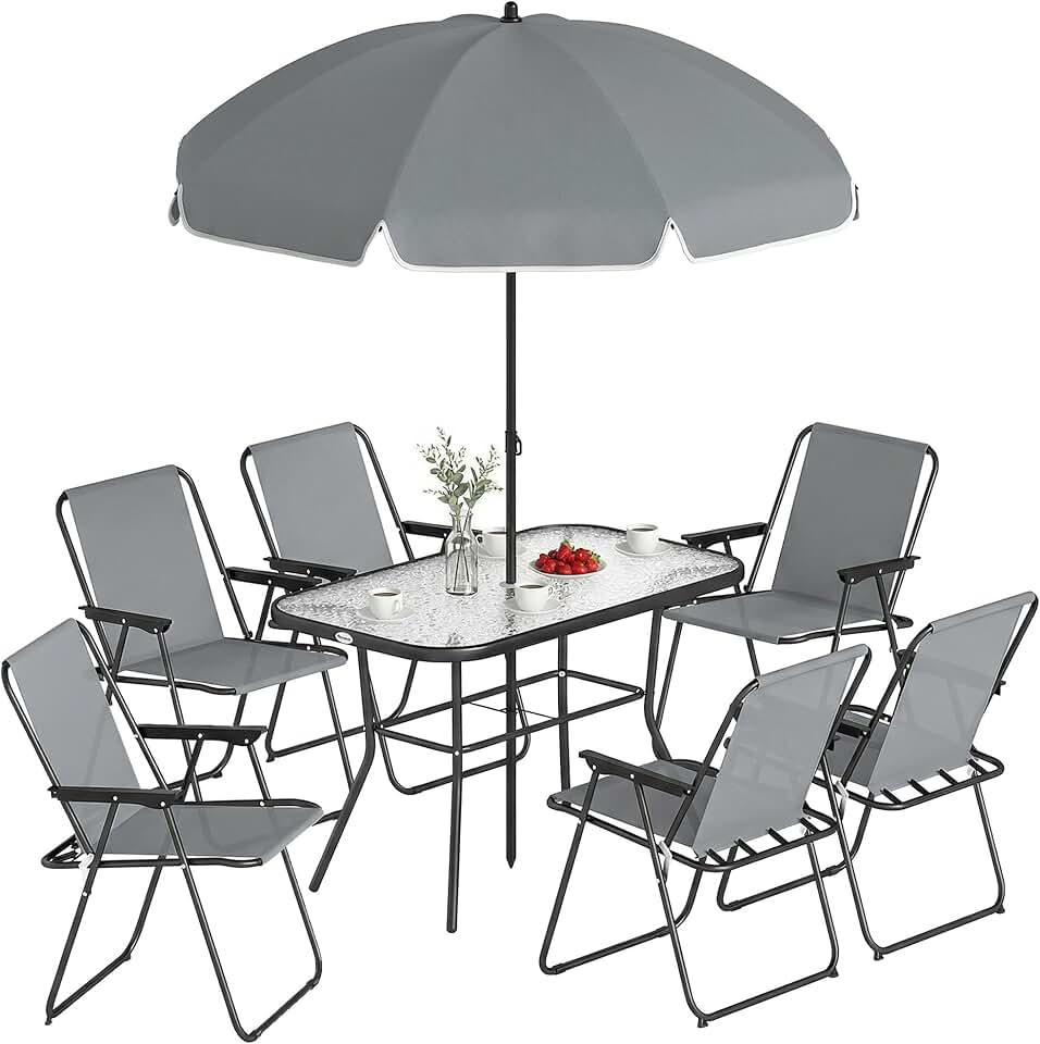 jardinite - salon de jardin 8 pièces, table verre trempé, acier antirouille, chaises pliantes, parasol, Gris