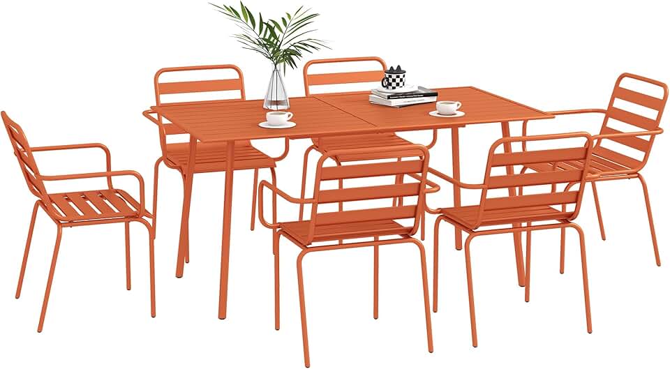 jardinite - salon de jardin 7 pièces - table + 6 chaises acier rouge