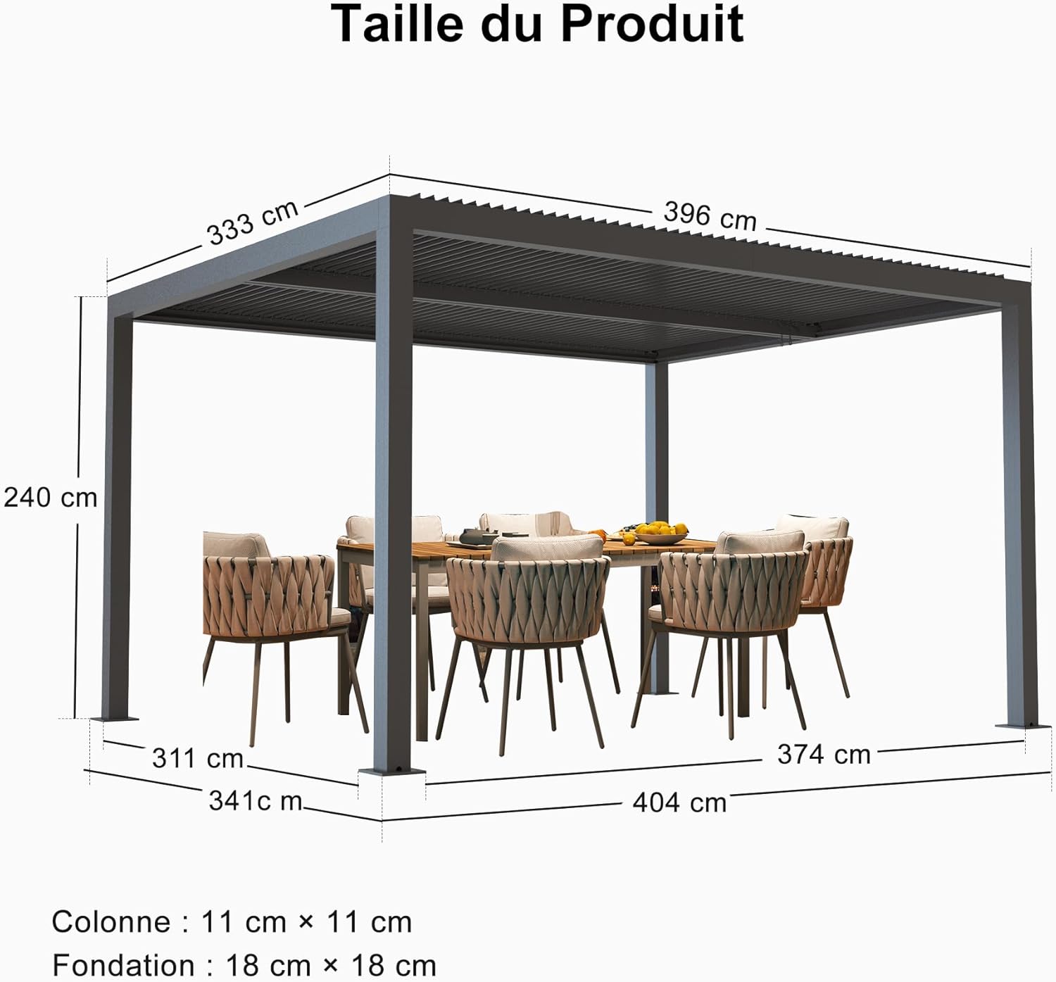 jardinite - Pergola bioclimatique 4x3,3m - alu, lames orientables, 13,2m²