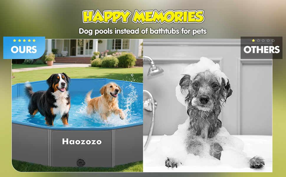 Comparaison des piscines pour chiens : à gauche, « LE NÔTRE » avec deux chiens dans une piscine extérieure bleue ; à droite, « AUTRES » avec un chien dans une baignoire. Le texte indique « HAPPY MEMORIES » et « Des piscines pour chiens au lieu de baignoires pour animaux de compagnie