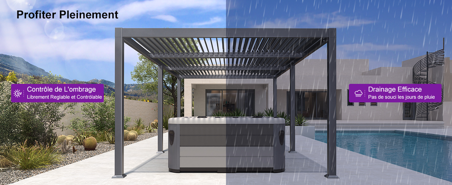 Le texte indique « Placement des profils ». Structure de pergola extérieure moderne aux lignes épurées donnant sur l'eau et les montagnes.