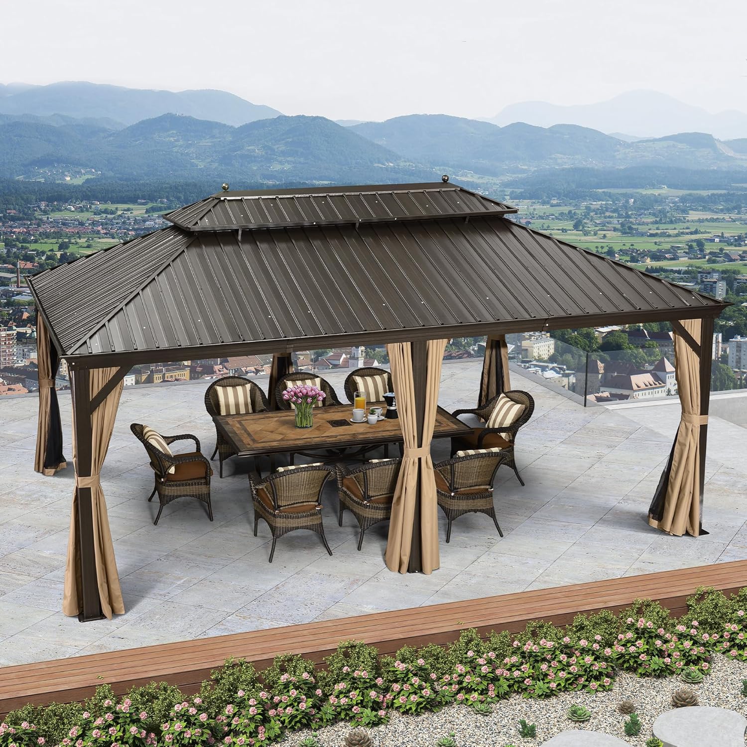 jardinite - Double Toit Bronze - 6x3,65m - Rideaux épais, moustiquaire, gouttière, poteaux renforcés