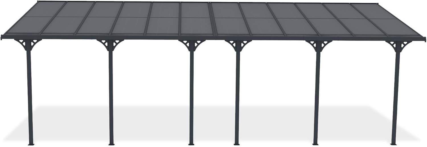 KLEO - Pergola adossée aluminium - 7,48x3 m - Polycarbonate, gouttière, gris RAL 7016 - résistance vent 40 km/h, UV30+