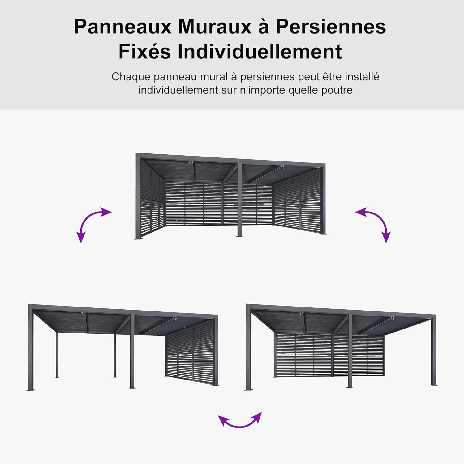 jardinite - Pergola bioclimatique 6x3,68m alu, lames orientables, persienne fixe