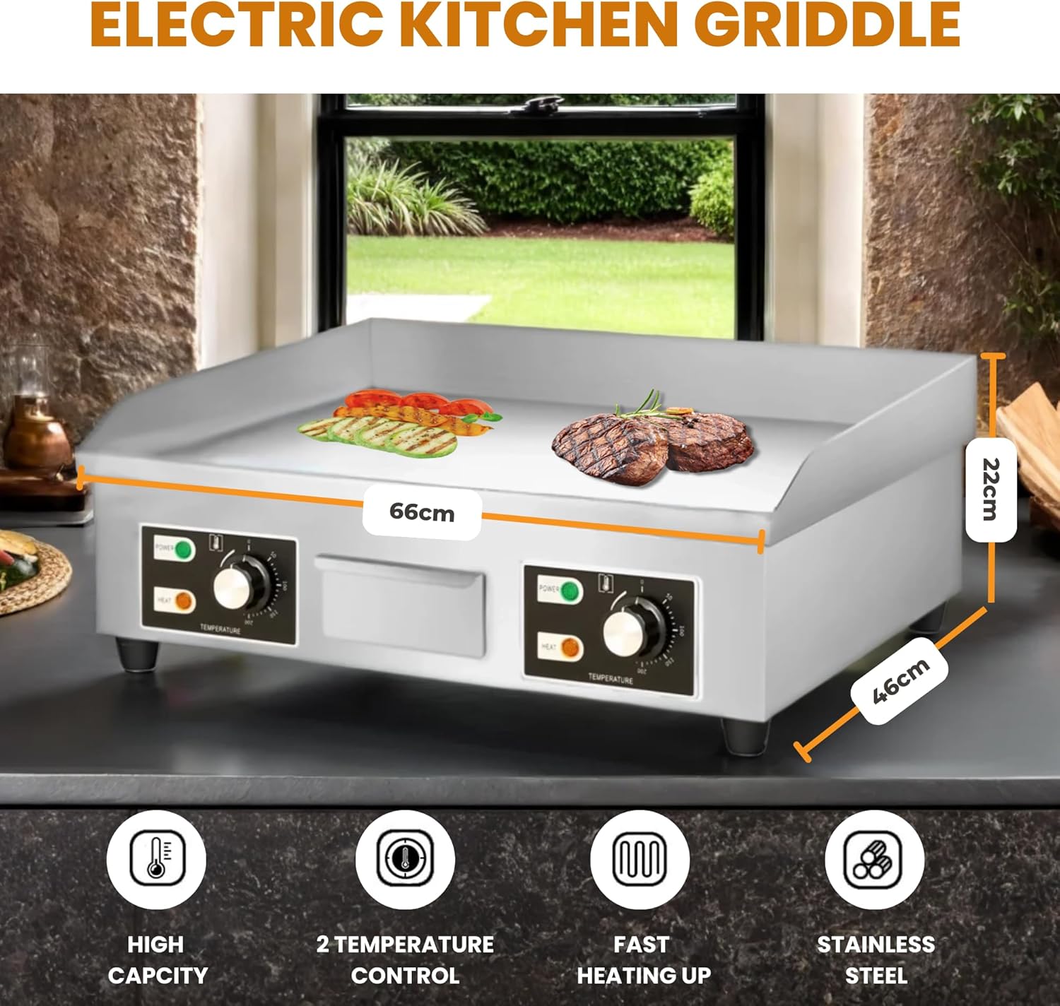 Plancha électrique - 66x44cm inox, thermostat jusqu'à 300°C, 3500W