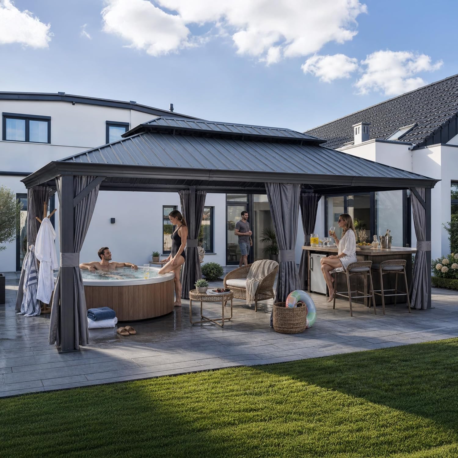jardinite - Pergola double toit acier - 6x3,65m - moustiquaire, rideaux, gouttière, poteaux renforcés