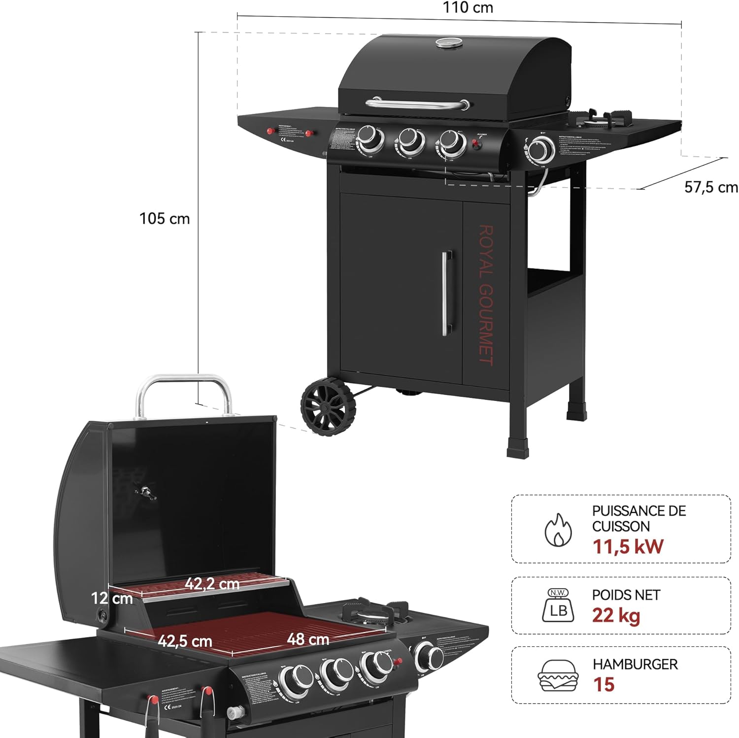 jardinite - barbecue gaz 3+1 brûleurs inox - 11,5 kW - chariot, 2 roues, thermomètre
