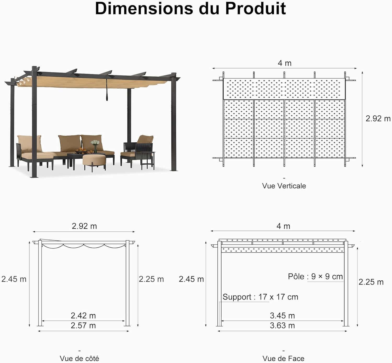 jardinite - Pergola aluminium 4x3m, toit rétractable, éclairage intégré