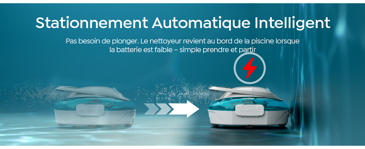 Le texte indique « Stationnement automatique intelligent ». Images teintées en bleu foncé montrant un système de stationnement automatisé ou un environnement de garage.