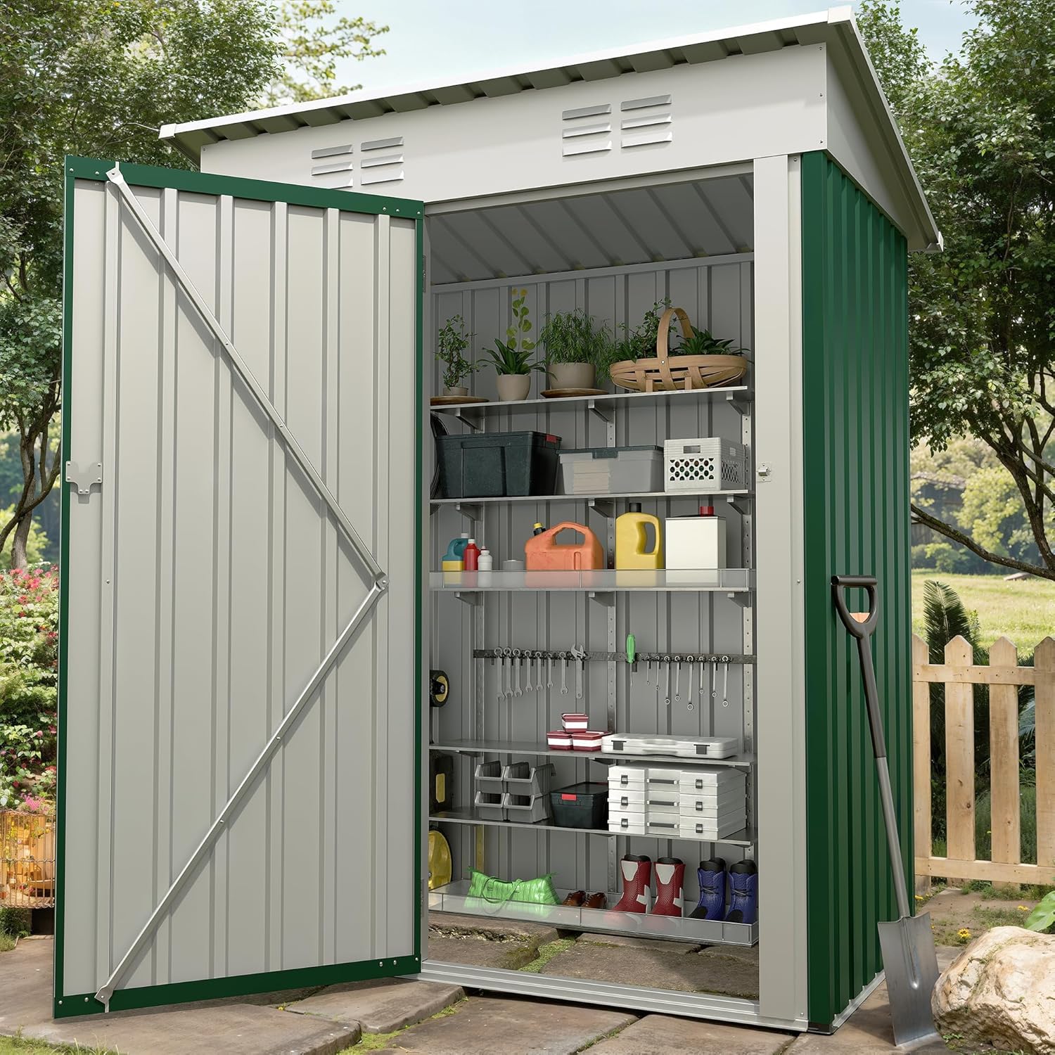 Abri de jardin en métal - 152,4 x 91,44 cm - Avec toit incliné et portail verrouillable - Abri de jardin compact en métal - Pour jardin, cour, terrasse (marron)