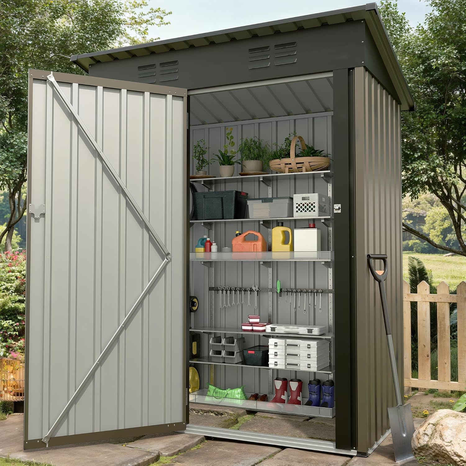 Abri de jardin en métal - 152,4 x 91,44 cm - Avec toit incliné et portail verrouillable - Abri de jardin compact en métal - Pour jardin, cour, terrasse (marron)