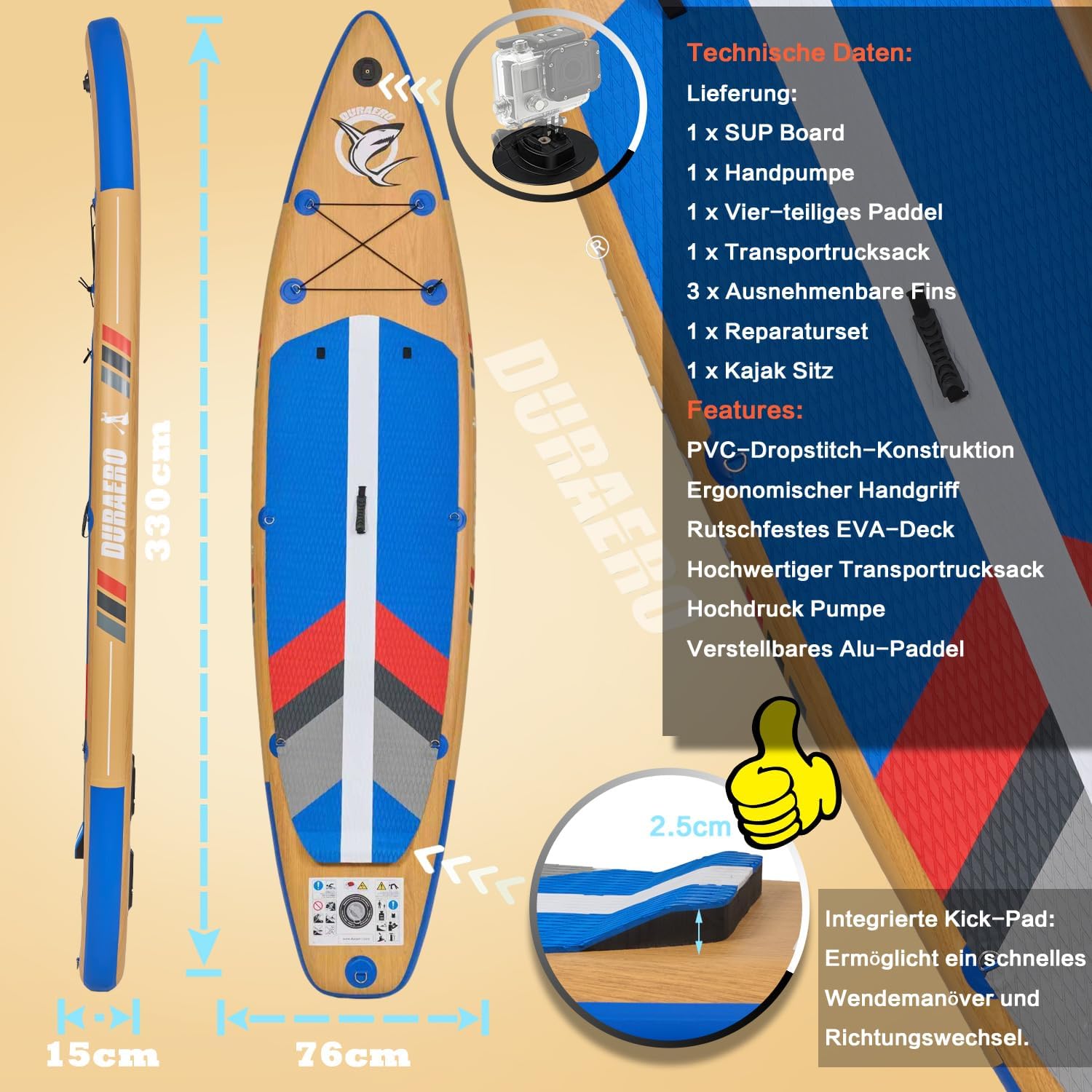 Siège de Kayak Gonflable Stand Up Paddle et Support de caméra, pagaie 2 en 1 330x76x15cm, Pompe jusqu'à 150kg avec Sangle de Pied, Sac à Dos