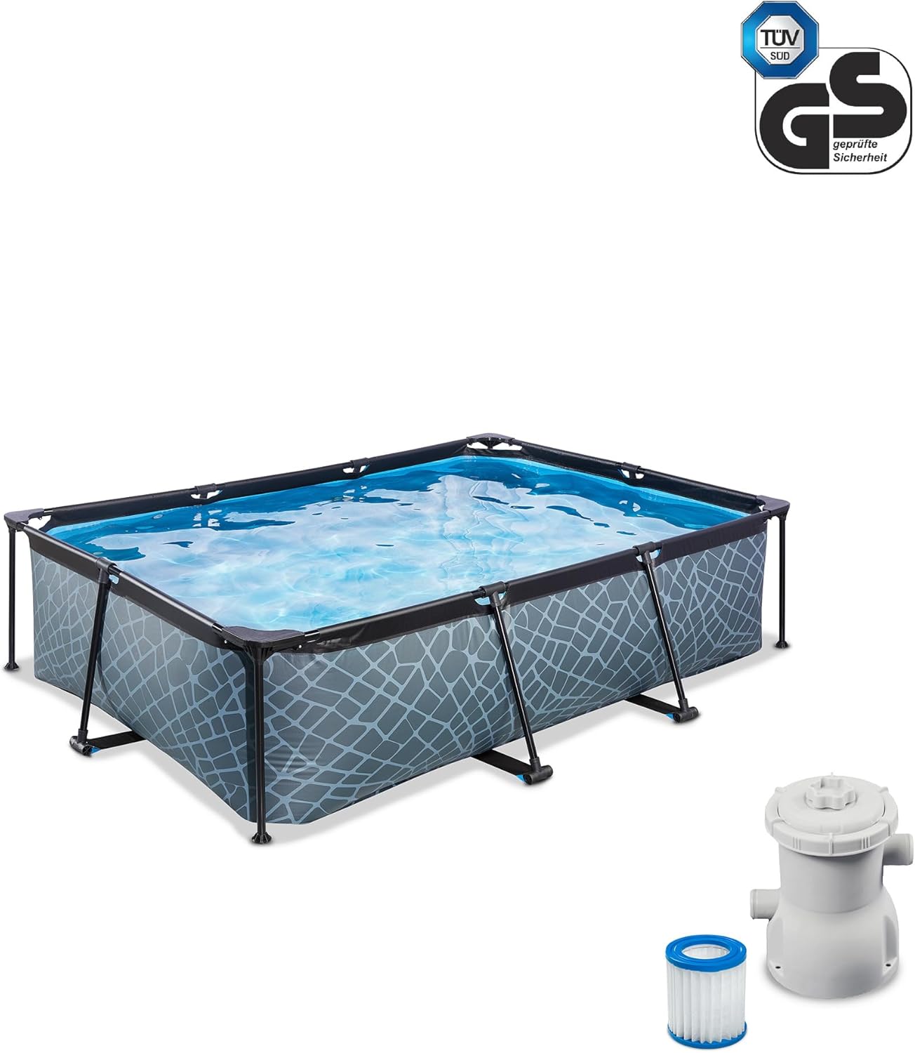 jardinite Piscine Tubulaire Stone - 220x150x65cm - Piscine Hors Sol Rectangulaire avec Pompe Filtrante à Cartouche - Entrée Basse - Idéal pour Les Jeunes Enfants - Cadre Stable - Design Unique - Gris