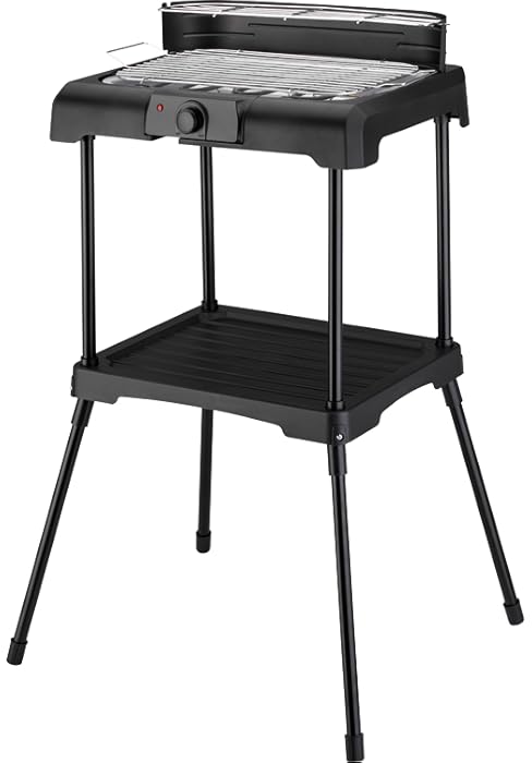 avec support. Comprend une surface de cuisson rectangulaire, un cadran de réglage de la température et une étagère inférieure. Conçu pour une utilisation en extérieur.