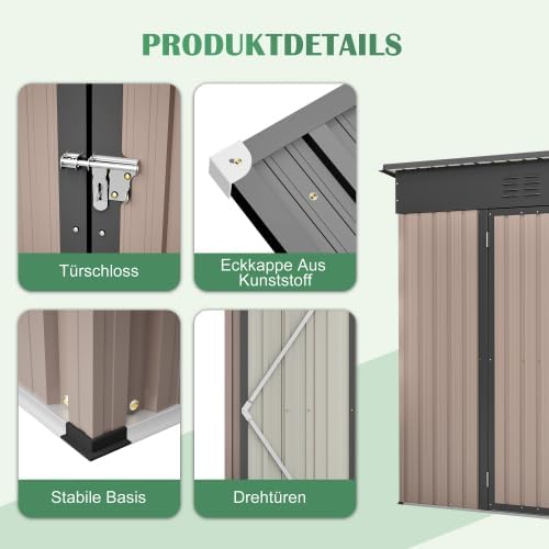 Abri de jardin métal 8x4 pieds, brun, résistant, cadre stable, spacieux