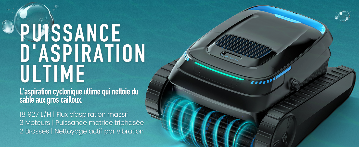 Le texte indique « PUISSANCE D'ASPIRATION ULTIME » et « Le robot aspirateur offre un calibre de 4200 pa pour nettoyer ». Aspirateur robotique noir et bleu avec spécification de puissance d'aspiration turbo illustrée.