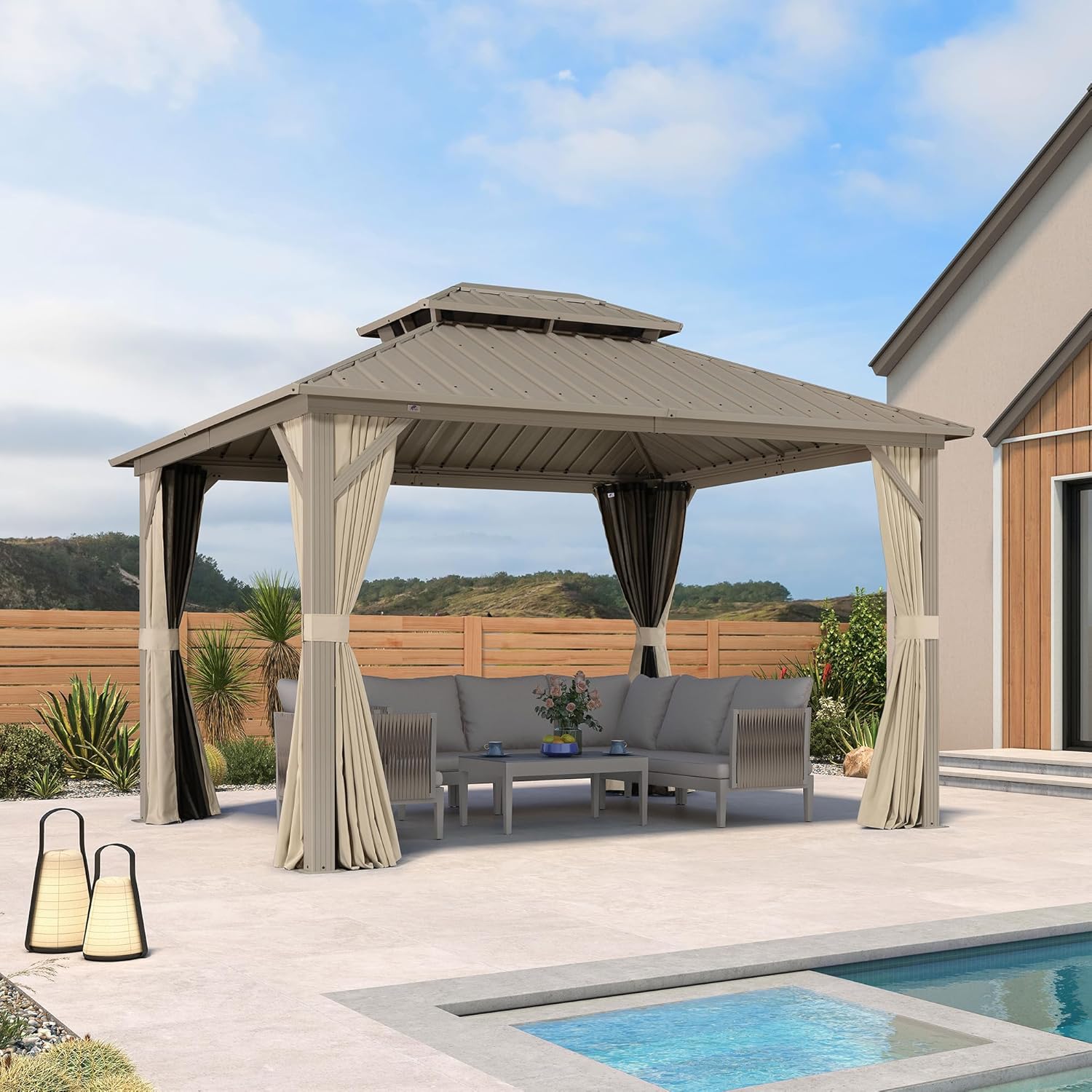 jardinite - pergola aluminium - 3,65x3m - double toit, moustiquaire, rideaux