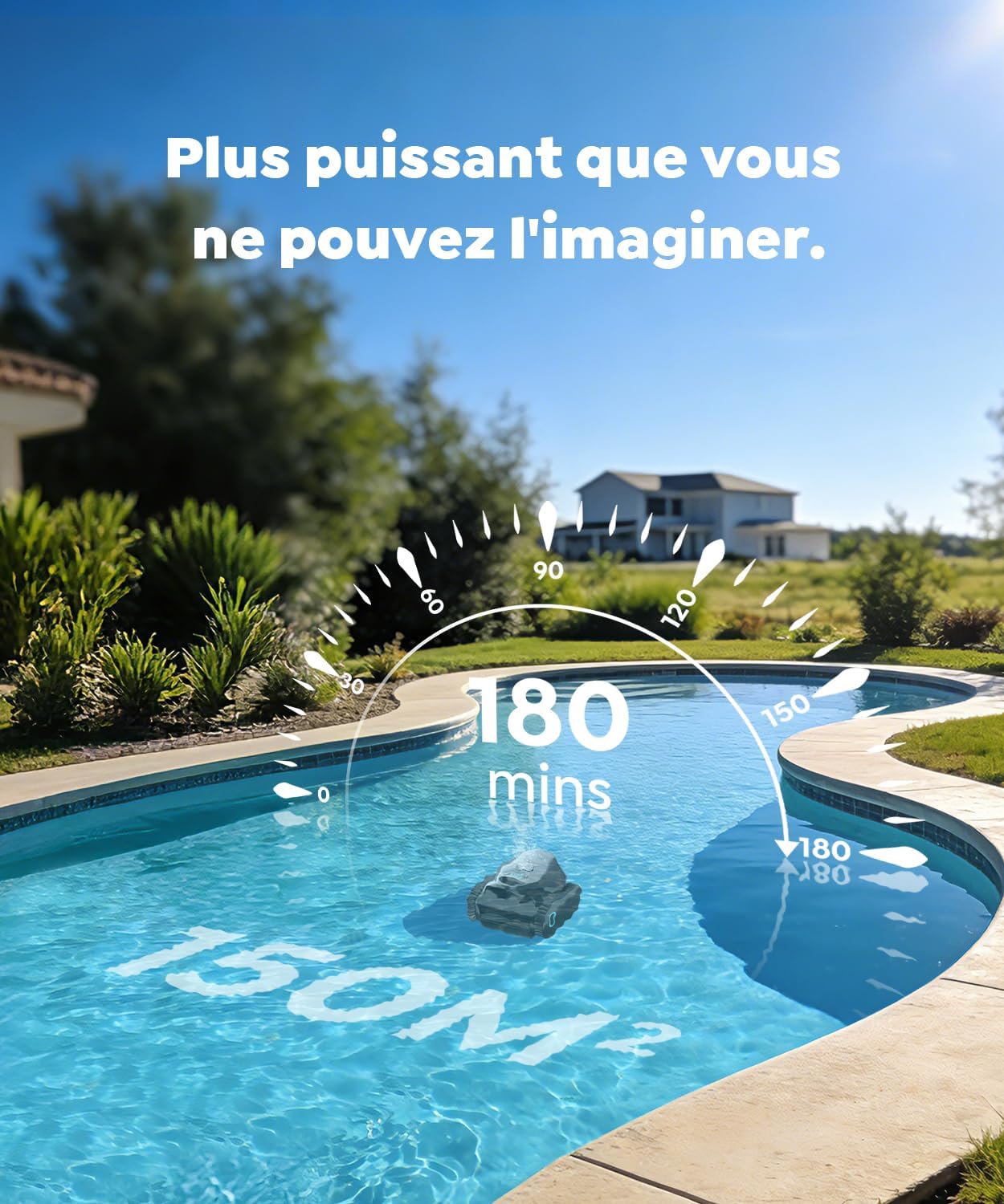 C1 - Robot piscine sans fil, fond et parois, 150m², 3 moteurs, applis, 170min - C1