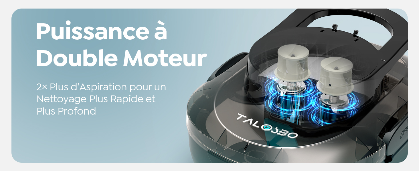 Gros plan d'une tête d'aspirateur à deux moteurs, présentant des composants internes illuminés en bleu. Le texte français met en évidence la double puissance du moteur pour un nettoyage plus rapide et en profondeur.