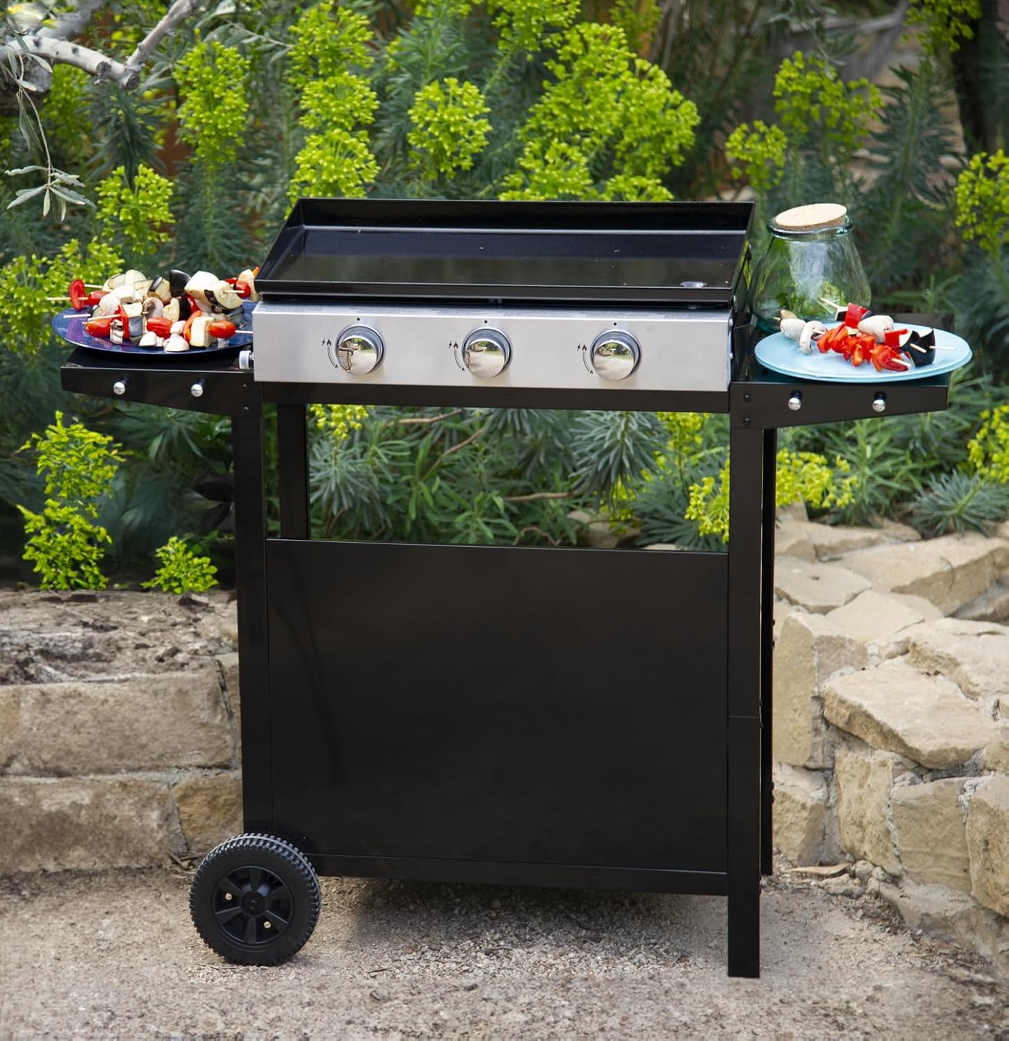 jardinite - Plancha Mérida sur chariot 3 brûleurs 6kW 74x33 cm