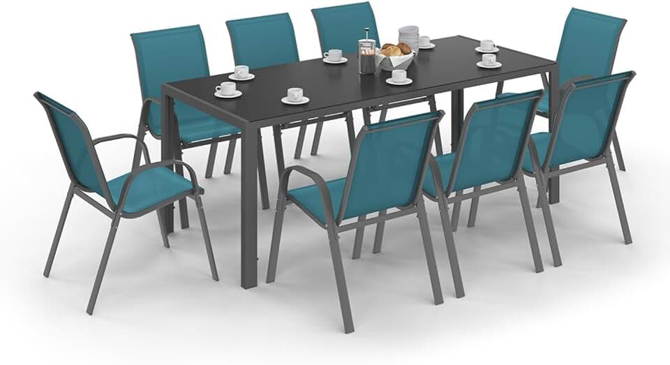 jardinite - Madrid salon jardin 190cm, 8 chaises empilables bleu