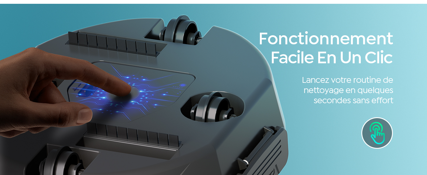 Le texte se lit comme suit : « Fonctionnement Facile En Clic ». Appareil de commande noir tenant la main avec deux cadrans et boutons sur fond bleu. Démonstration du produit à fonctionnement facile en un clic.