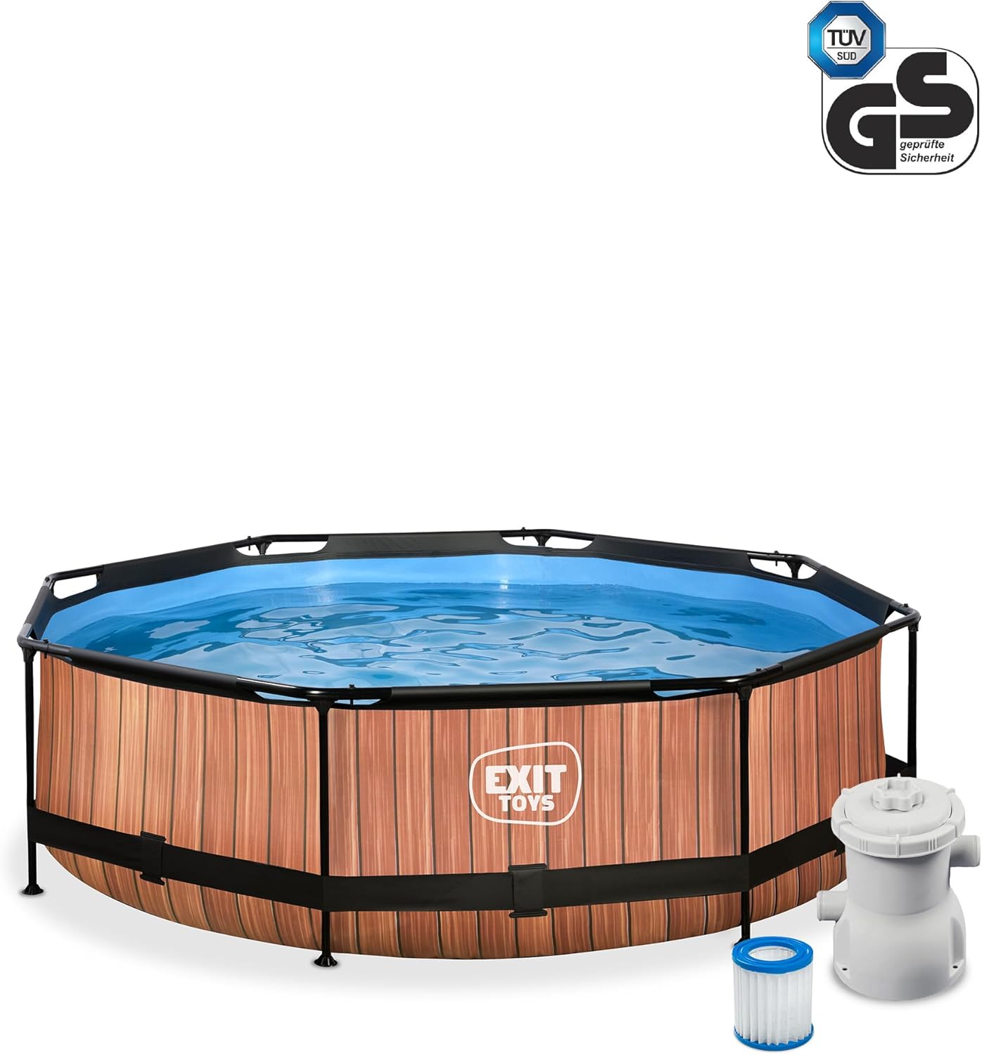 jardinite Piscine Tubulaire Wood - ø300x76cm - Piscine Hors Sol Ronde avec Pompe Filtrante à Cartouche - Entrée Basse - Idéal pour Les Jeunes Enfants - Cadre Stable - Design Unique - Marron