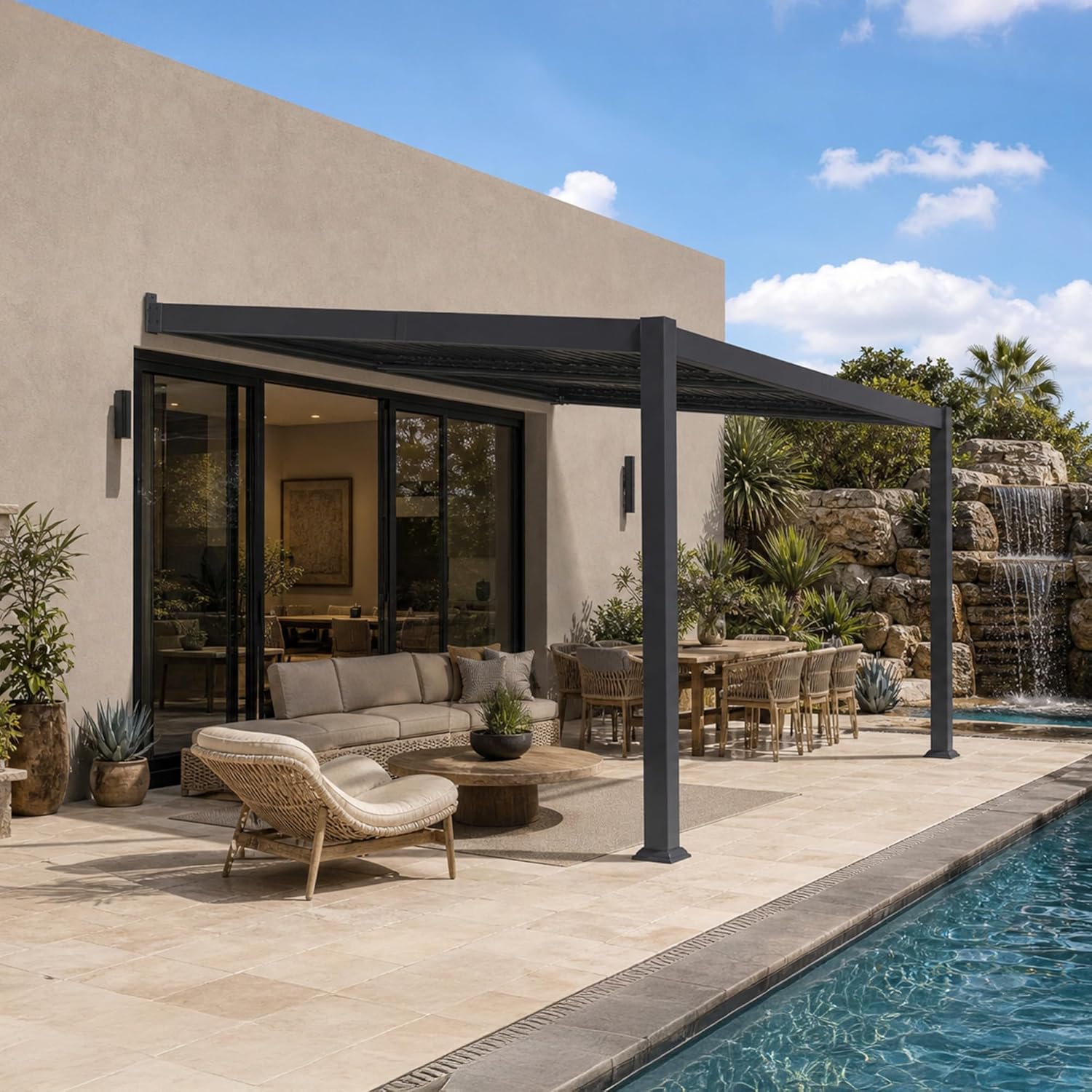 jardinite - Pergola bioclimatique adossée - 3x4,25m - aluminium, lames orientables, résistante UV et pluie