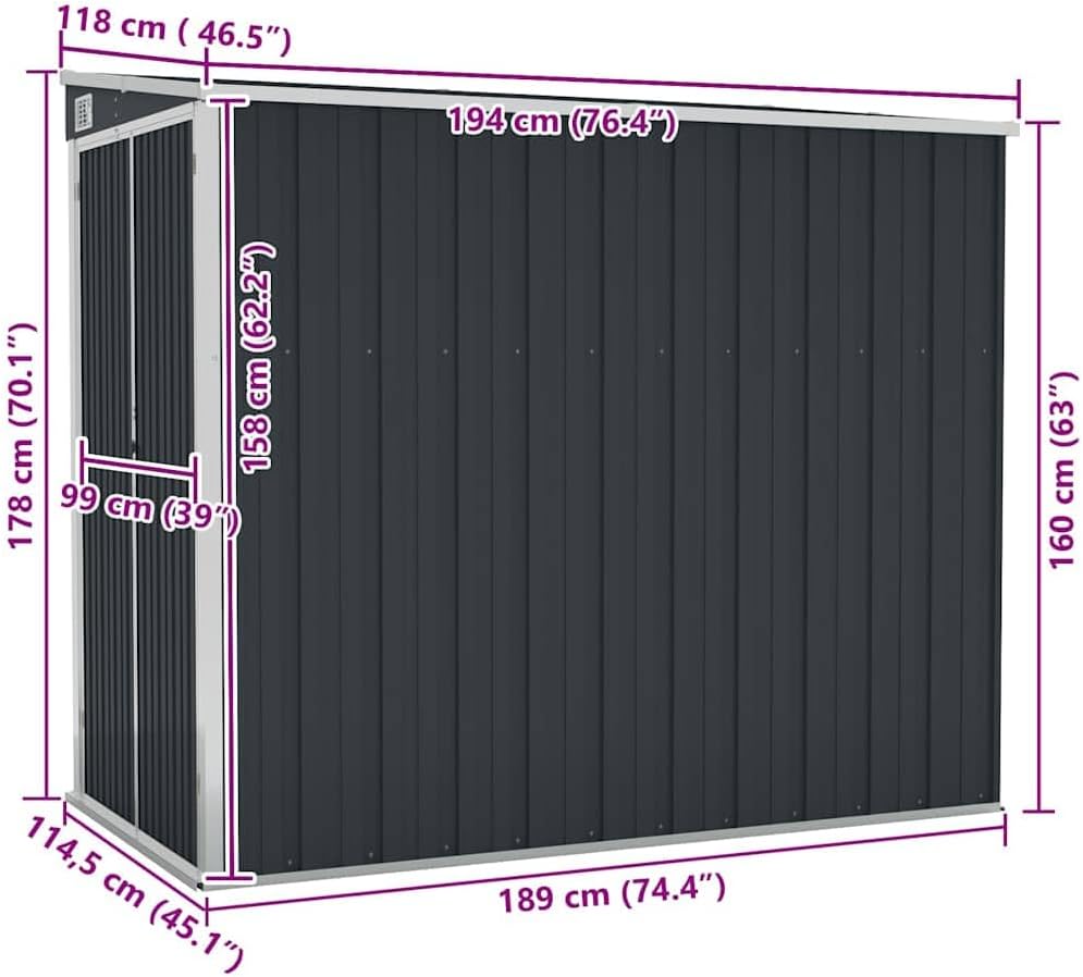 Abri de jardin mural anthracite 118x194x178 cm acier, 316223